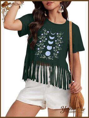 Vintage Western Fringe T-Shirt Boho Floral Graphic Tee Short Sleeve